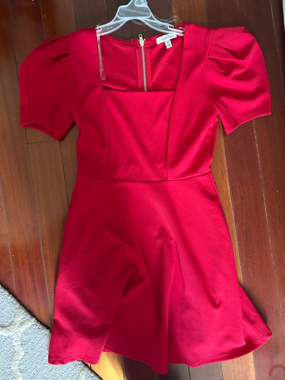 Red Square-Neck Puff-Sleeve Mini Dress